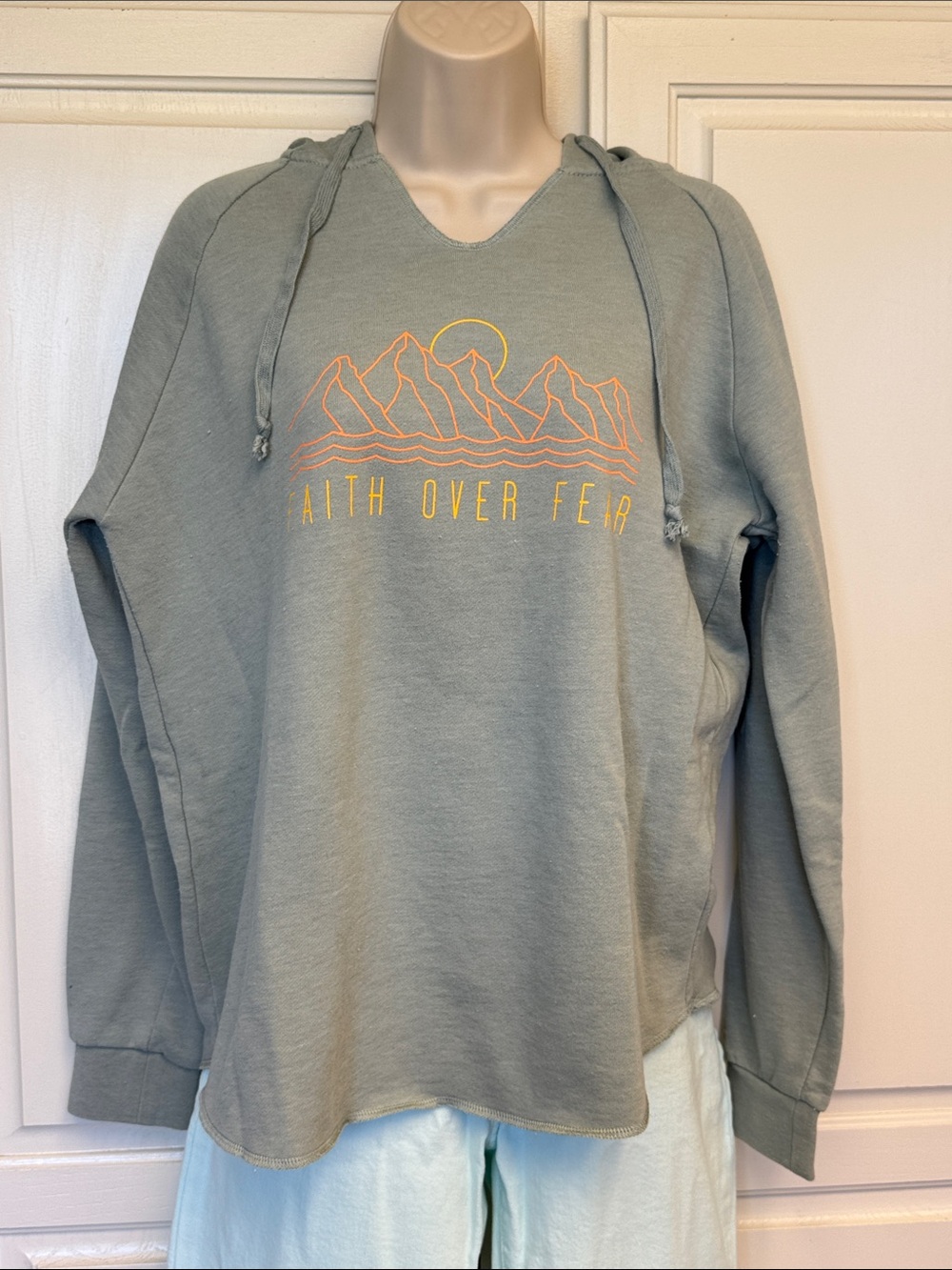 Faith Over Fear Women's Hoodie Sweatshirt - Sage with Yellow & Orange Graphic